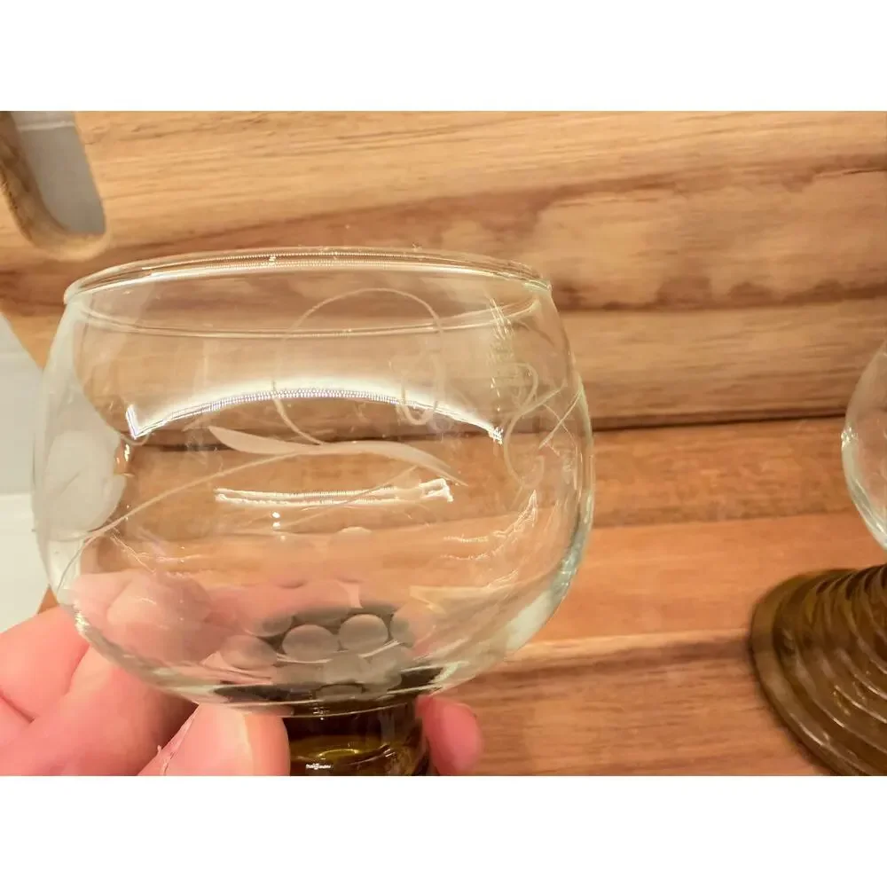 Vintage‎ German Roemer Small Crystal Glasses Amber Color - Etched Grape Design